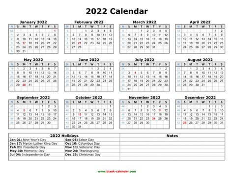2022 Yearly Printable Calendar Free Letter Templates