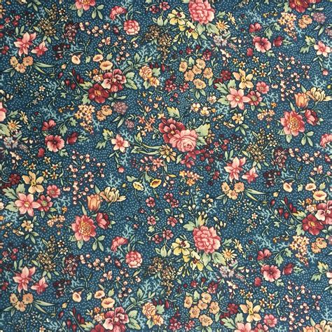 100 Cotton Blue Calico Fabric By The Yard Country Floral Etsy