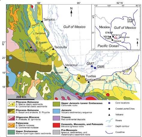 Map Showing Core Locations And Geology Of The Gulf Of Mexico Coastal