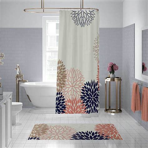 Chrysanthemum Shower Curtain And Bath Mat In Blue And Pink