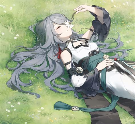 Wallpaper Lying Down Anime Games Chinese Dress Gray Hair Honkai