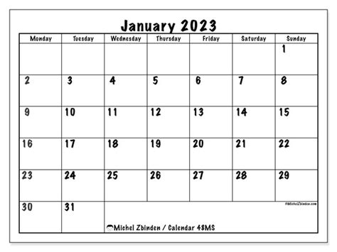 January 2023 Printable Calendar 47ms Michel Zbinden Hk
