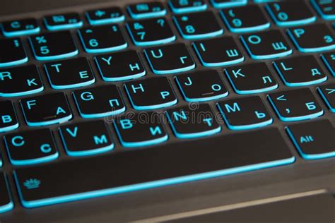 Close Up Of Laptop Keyboard Backlight Blue Backlit Keyboard Stock