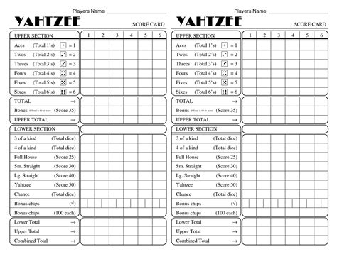 Yahtzee Score Sheets Printable