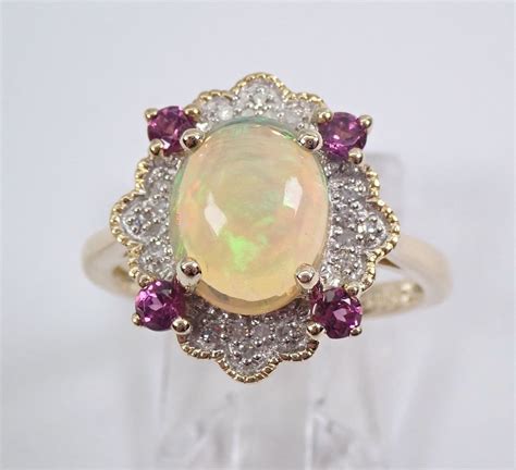 Opal Diamond Pink Tourmaline Engagement Ring Yellow Gold Size 7 October