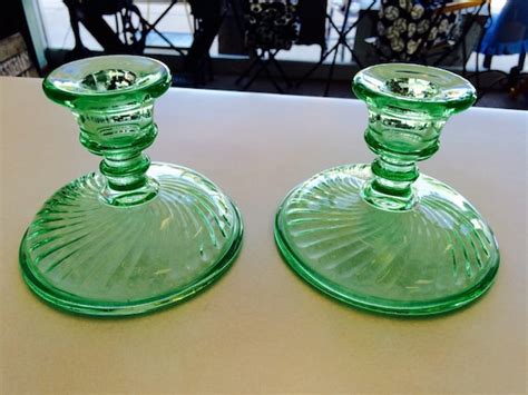 vintage green glass candle holders beach by sugarcreekvintage