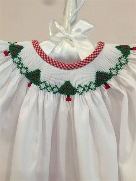 Christmas Tree Bishop Dresshand Smockedwhite Green Red Etsy