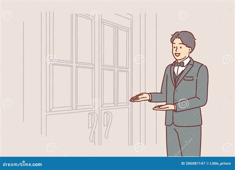 Man Porter Stands At Door Of Restaurant Inviting You To Enter And