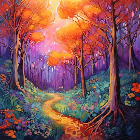 Premium Ai Image Painting Of A Path In A Colorful Forest With Trees