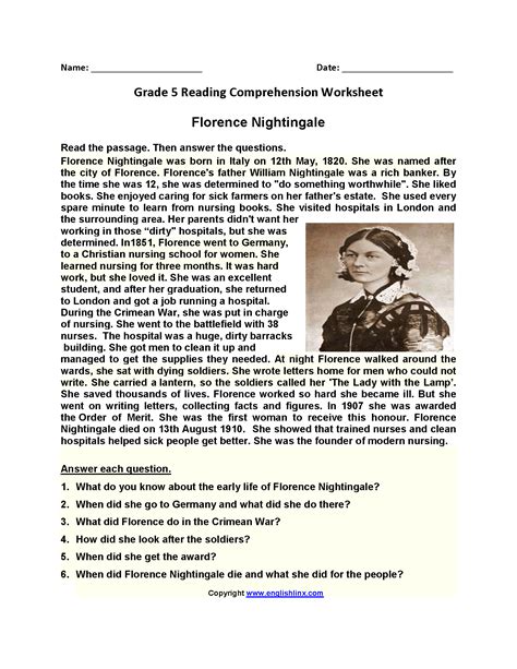 Florence Nightingale Fifth Grade Reading Worksheets Reading