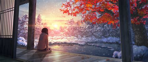 Ultra Wide Japan Anime Girls Artwork Snow Sunlight Wallpapers Hd