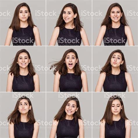 Young Woman Making Nine Different Facial Expressions Taken With
