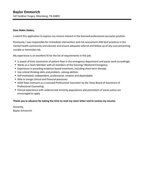 Licensed Professional Counselor Cover Letter Velvet Jobs