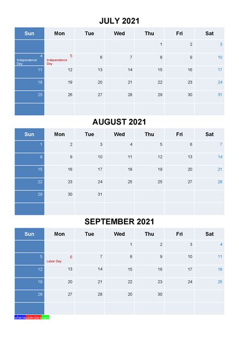 Printable July August September 2021 Calendar Template Word Pdf Free