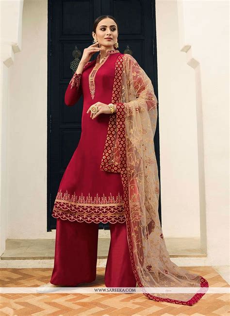Georgette Satin Designer Pakistani Suit In Red Fashion Dress Collection Party Wear