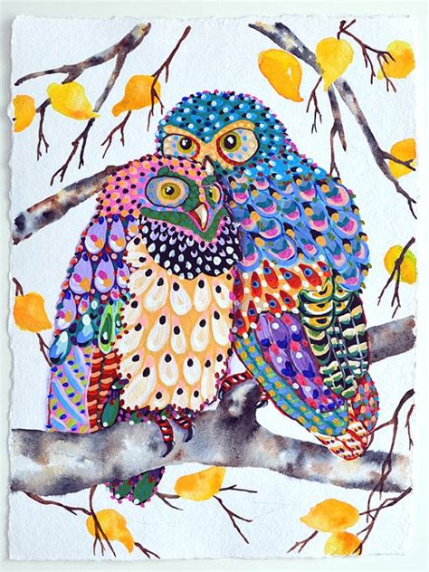 Owls Whimsical Original Painting By Irinashop On Etsy 11600 Owl
