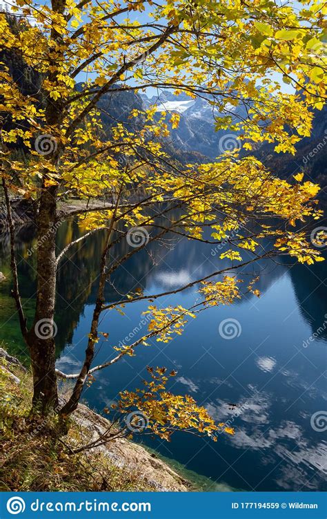 Peaceful Autumn Alps Mountain Lake With Clear Transparent Water And