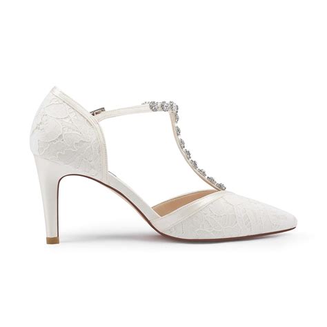 Erijunor Women Lace Bridal Shoes Mid Heel With Rhinestones T Strap
