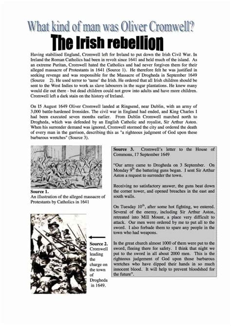 The Irish Rebellion What Kind Of Man Was Oliver Cromwell Worksheet