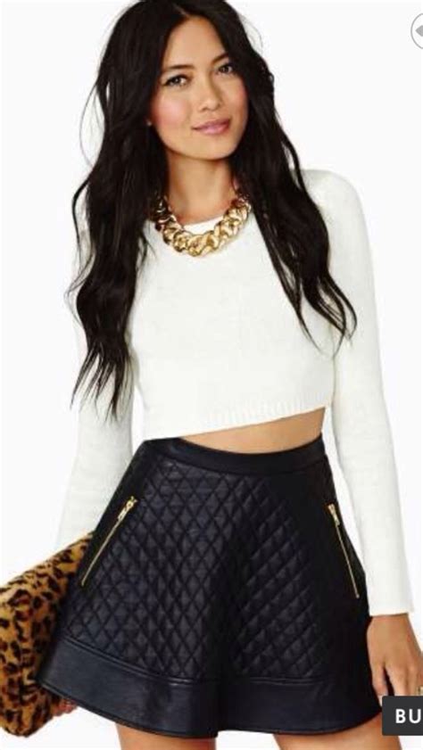 White Crop Top With Black Leather Skirt So Cute Fashion Outfits
