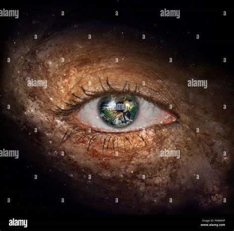 Surrealism Woman S Eye With Galaxies Planet Earth Iris Stock Photo