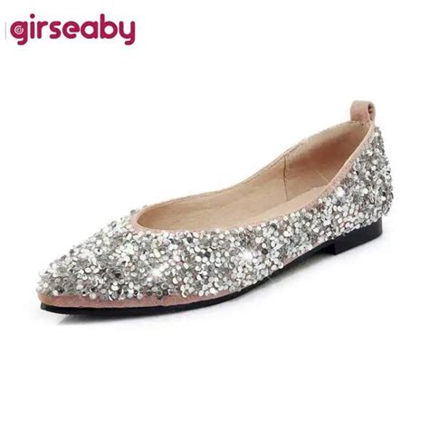 Girseaby Shoes Women Falts Bling Shoes Shallow Pointed Toe Slip On Glitter Flat Shoes Ladies