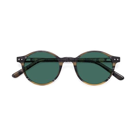 stripe yellow grey narrow acetate round polarized sunglasses with green sunwear lenses 17519