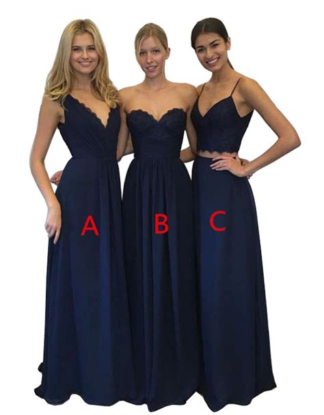 Xjly Charming Navy Blue Lace Floor Length Chiffon Bridesmaid Dress
