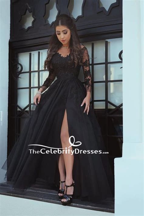 Black Thigh High Slit Applique Prom Dress With Long Sleeves