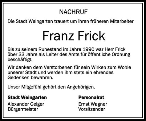 Traueranzeigen Von Franz Frick Schwaebische De Trauerportal