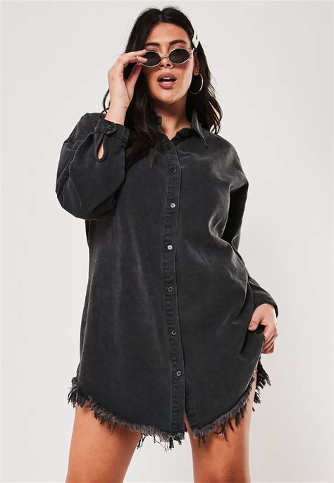 Missguided Plus Size Black Frayed Hem Denim Shirt Dress Shirt Dress