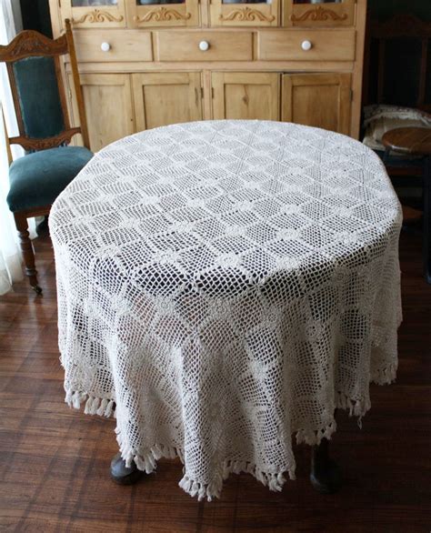 Antique Lace Tablecloth Crochet Oval Large Fringed 74 X 100