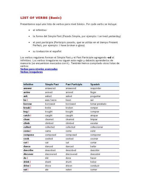 Lista De Verbos Basico Pdf Language Mechanics Morphology