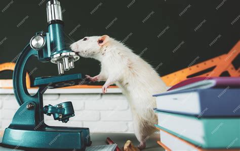 Premium Photo White Test Rat Sitting On Microscope Laboratory