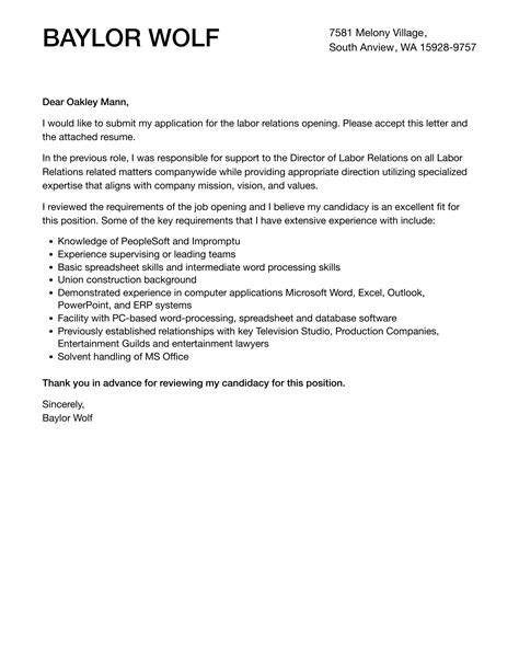 Labor Relations Cover Letter Velvet Jobs