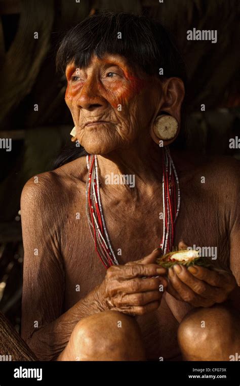 Huaorani Indian Woman With Stretched Ear Lobes And Painted Face Gabaro Community Yasuni Np