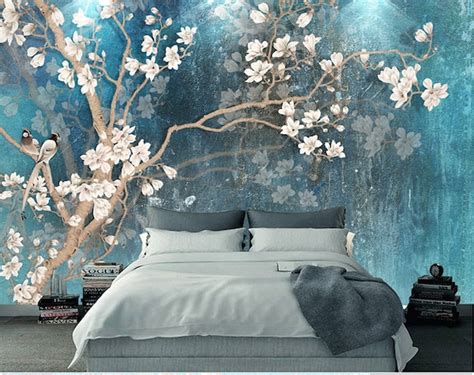 Blue Color Magnolia Flowers Wallpaper Wall Murals Etsy