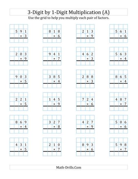 3 Digit By 1 Digit Multiplication With Grid Support A