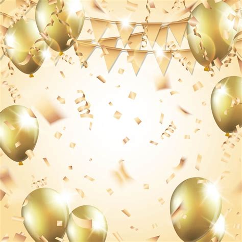 Premium Vector Gold Balloons Confetti Streamers And Party Flag On