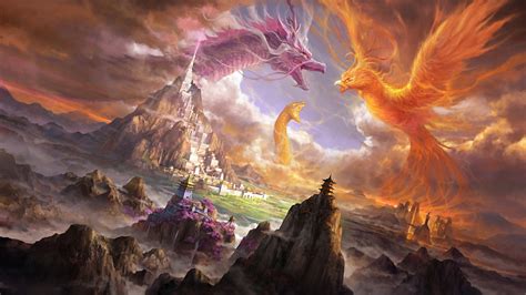 Fantasy Two Dragons Are Fighting With A Big Fiery Bird Hd Dreamy