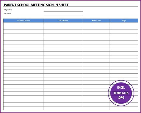 parent school meeting sign  sheet template excel