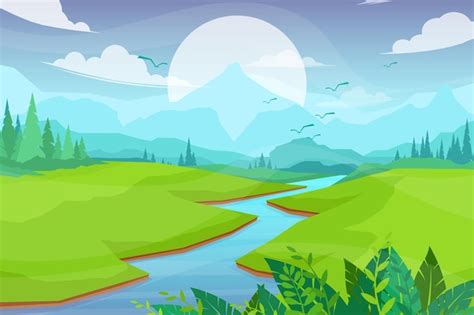 Free Vector Nature Scene With River And Hills Forest And Mountain