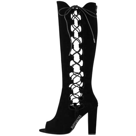Womens Ladies Lace Up Side Knee High Block Heel Boots Cut Out Open Toe