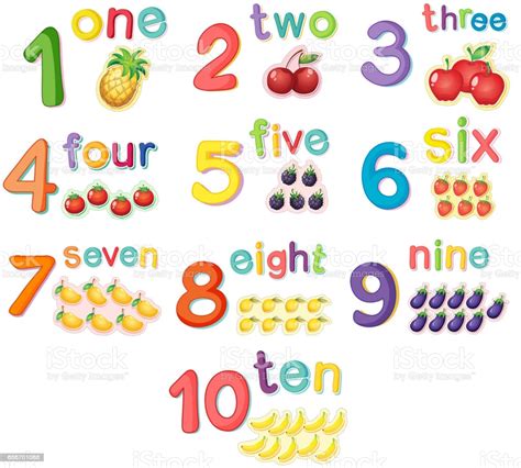 Counting pictures up to 10 and drawing lines to the matching numbers. Counting Numbers With Fruits Stock Illustration - Download ...
