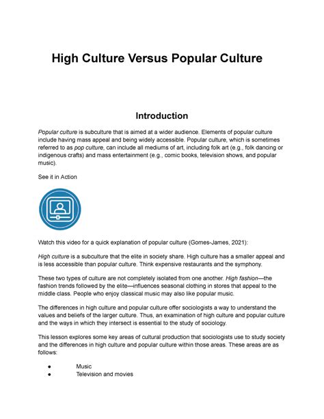 High Culture Versus Popular Culture High Culture Versus Popular