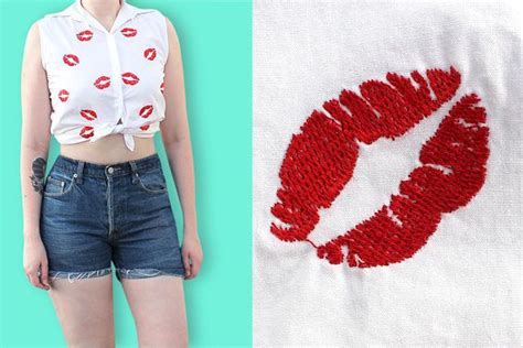 90s Kiss Print Sleeveless Shirt Red Lips Printed Girly Etsy Cute Blouses Lip Print