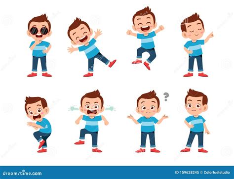 Cute Kid With Many Gesture Expression Set Stock Vector Illustration