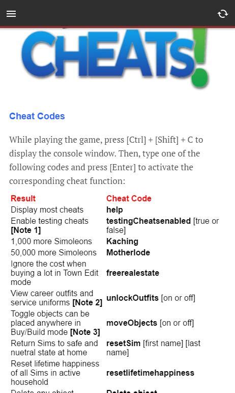 Sims 4 All Cheat Sheet