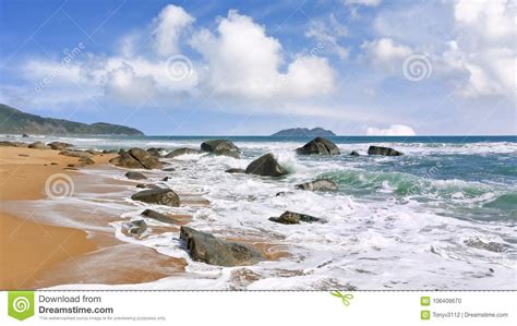 Seashore With Rocks And Waves At Tropical Sanya Hainan China Stock