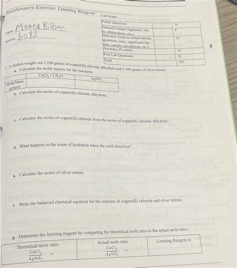 Solved Prelaboratory Exercise Limiting Reagent Lab Chegg Com